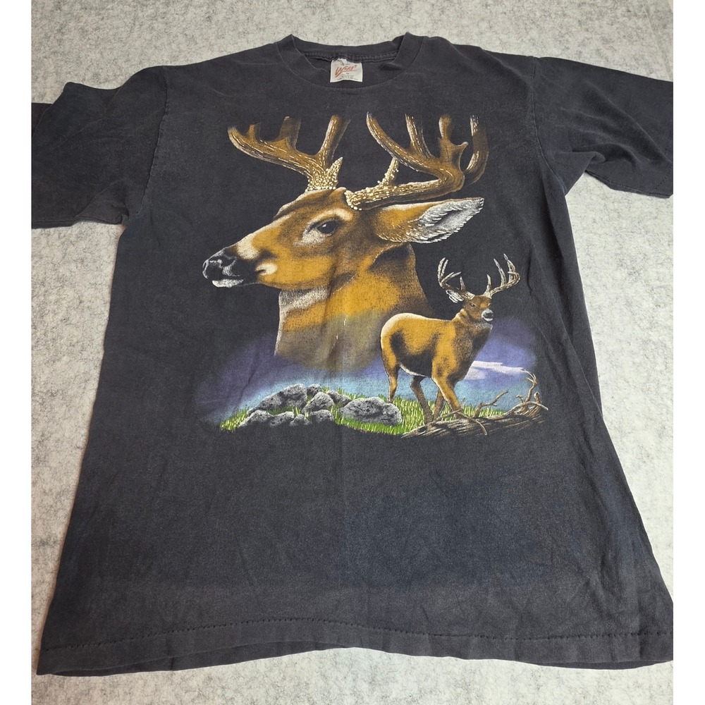 Vintage Wild Deer Buck Graphic T-Shirt Mens Medium Black Cotton Made in USA